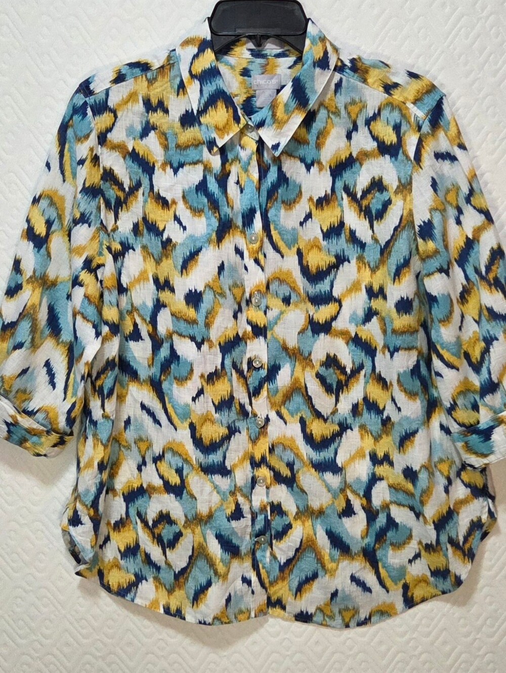 Chico's Women's Linen Size 2 (US 14/16) 3/4 Sleeve Button Up Blue Teal Gold Top